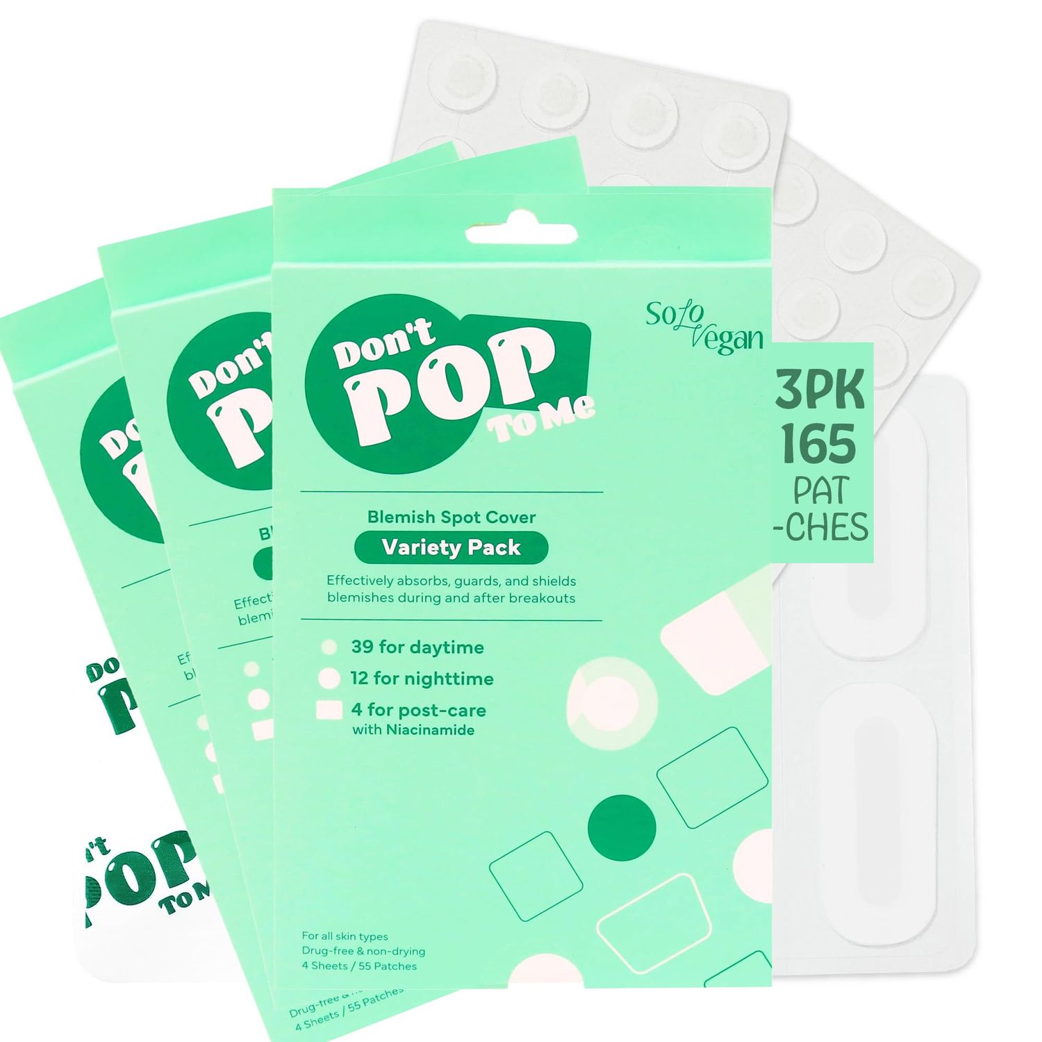 SoloVegan Mild Exfoliating Toner Pads, Serum, Blemish Patch, Cleansing Gel - Korean Skincare (1, 3PK Blemish Patch)