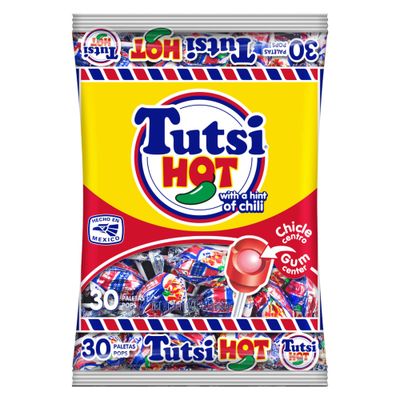 Tutsi Pop Hot Mexican Candy Pops with Cherry Flavor &amp; Chili Powder With A Tutti Frutti Gum Center, 21.2 Oz, 30Count