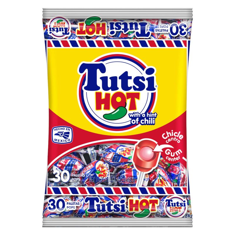 Tutsi Pop Hot Mexican Candy Pops with Cherry Flavor &amp; Chili Powder With A Tutti Frutti Gum Center, 21.2 Oz, 30Count