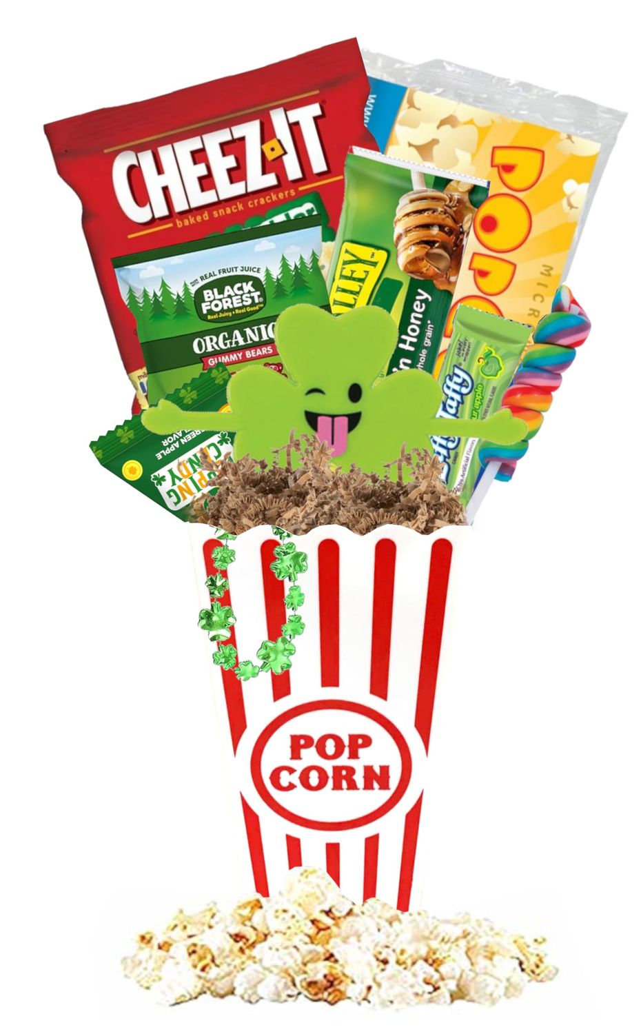 Spring Popcorn Gift Basket for Kids - Prefilled Spring Clovers Themed Movie Night Basket with Snacks, Candy, Toys &amp; Popcorn Bowl (Spring Clovers)