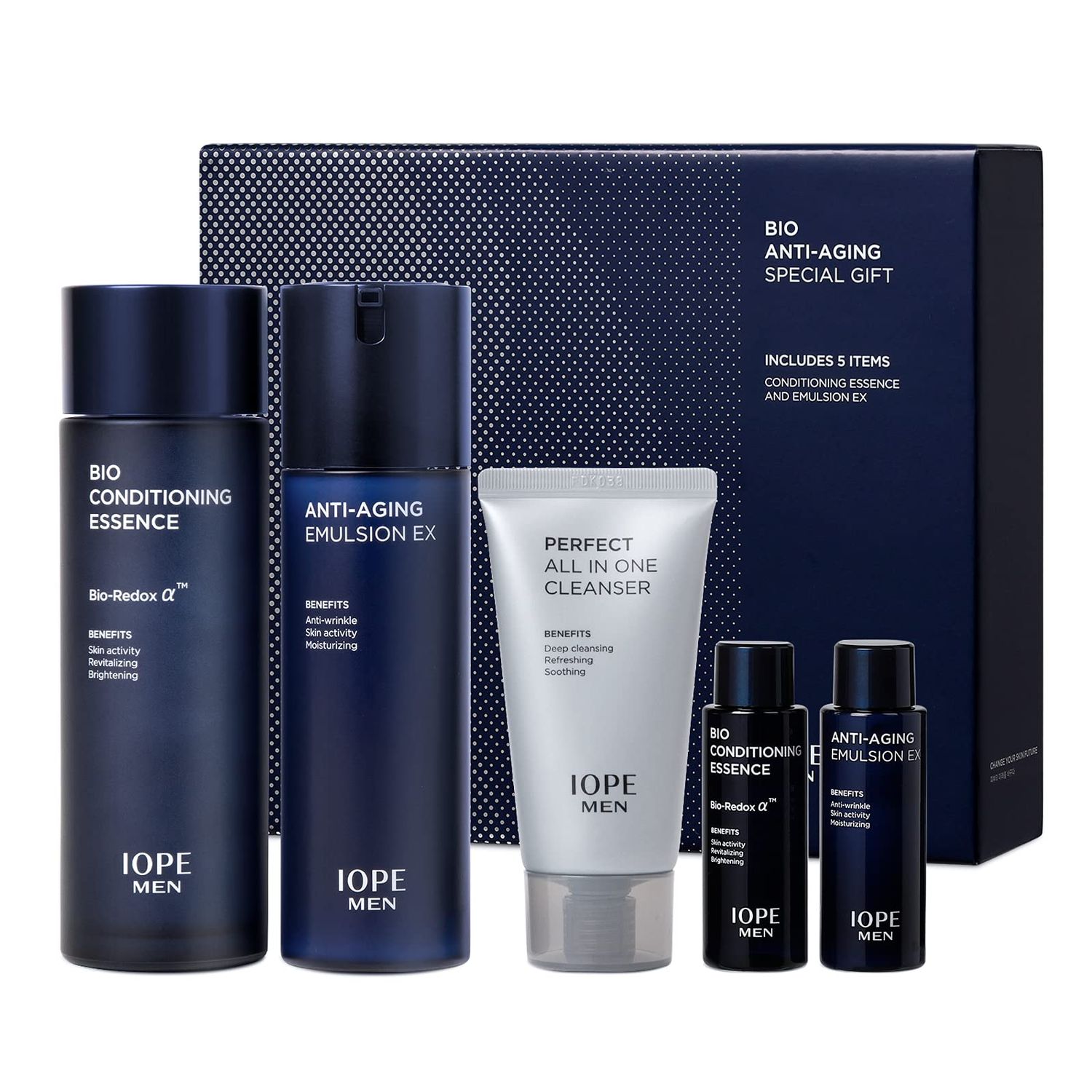 IOPE MEN BIO Anti-aging &amp; Moisturizing Set, Cleanser, Emulsion, Conditioning Essence Serum and Soothing Aftershave, HOMME Korean Skincare by Amorepacific