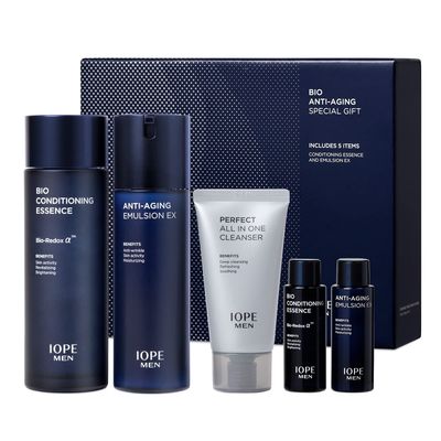 IOPE MEN BIO Anti-aging &amp; Moisturizing Set, Cleanser, Emulsion, Conditioning Essence Serum and Soothing Aftershave, HOMME Korean Skincare by Amorepacific