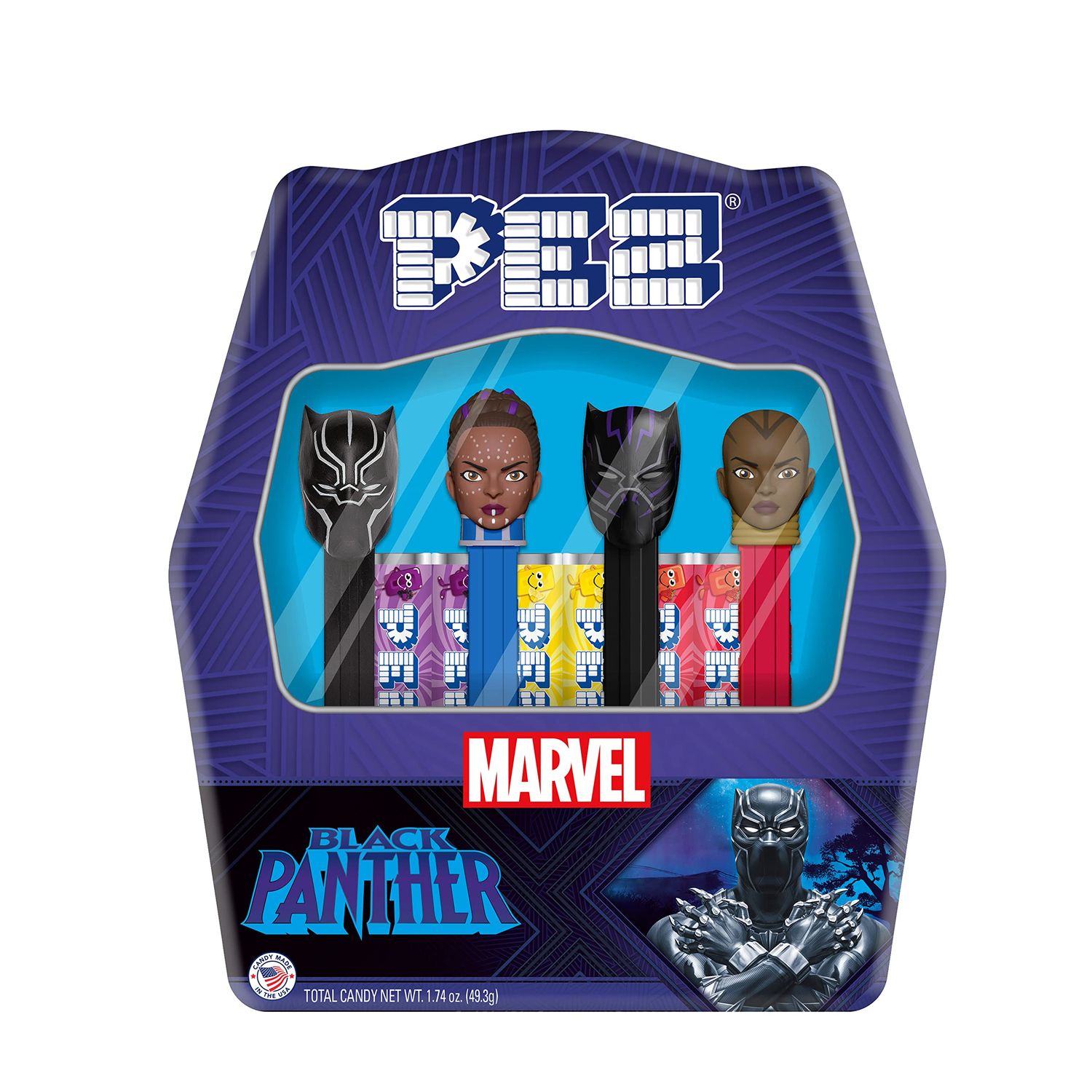 PEZ Black Panther Gift Set - Includes 4 Dispensers (Black Panther, Shuri, Purple Black Panther, and Okoye) 6 candy refills in collectible tin, Orange,Purple, 1 Count, 13.3 ounces