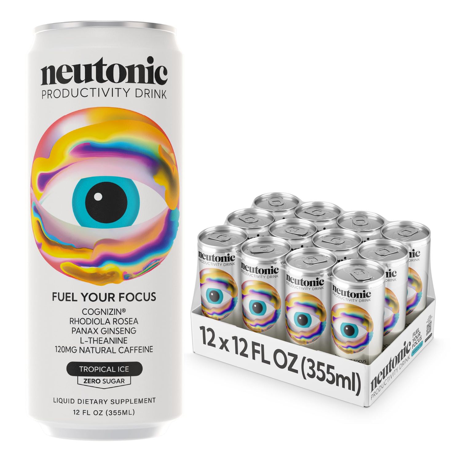 Neutonic Productivity Energy Drink, Boost Focus and Energy, Sugar Free, Science Backed Formula 355 ML (12 cans) - Tropical Ice