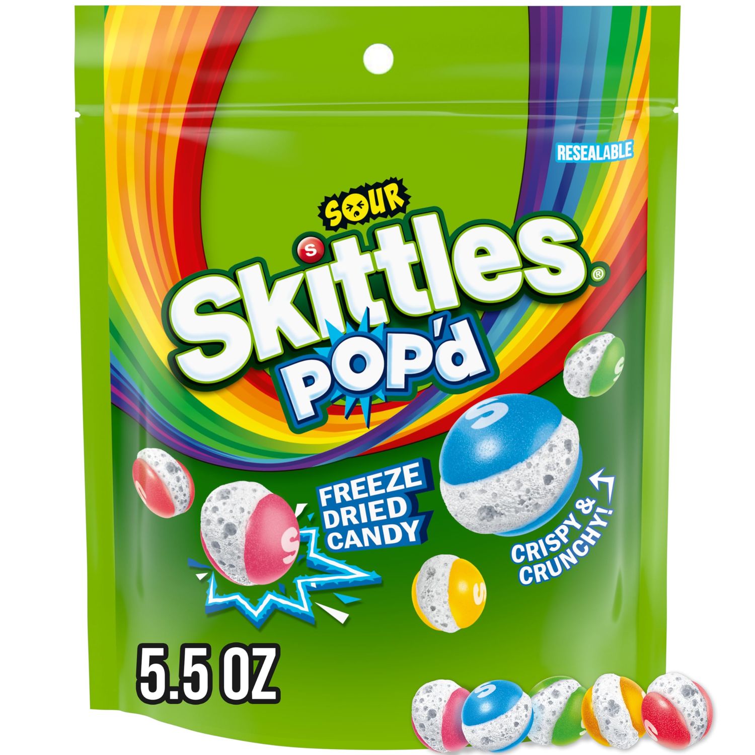 SKITTLES POP&#39;d Sour Freeze Dried Candy, 5.5 Oz Resealable Candy Bag