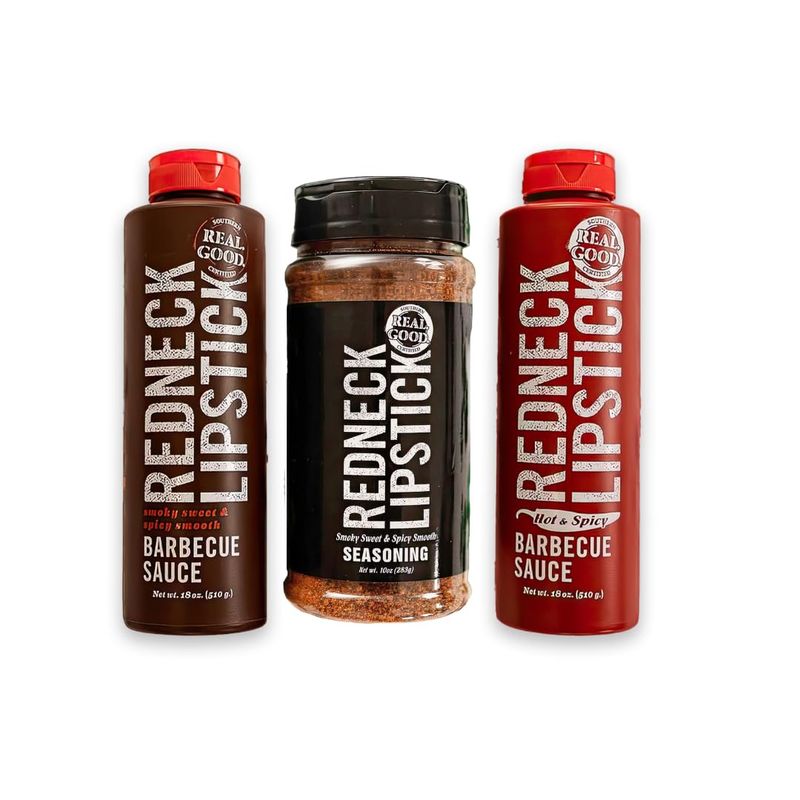 Redneck Lipstick BBQ Sampler, Smoky Sweet &amp; Spicy Smooth, Hot &amp; Spicy Barbecue Sauce and Irresistable Smoky Sweet &amp; Spicy Seasoning, BBQ Trio Pack