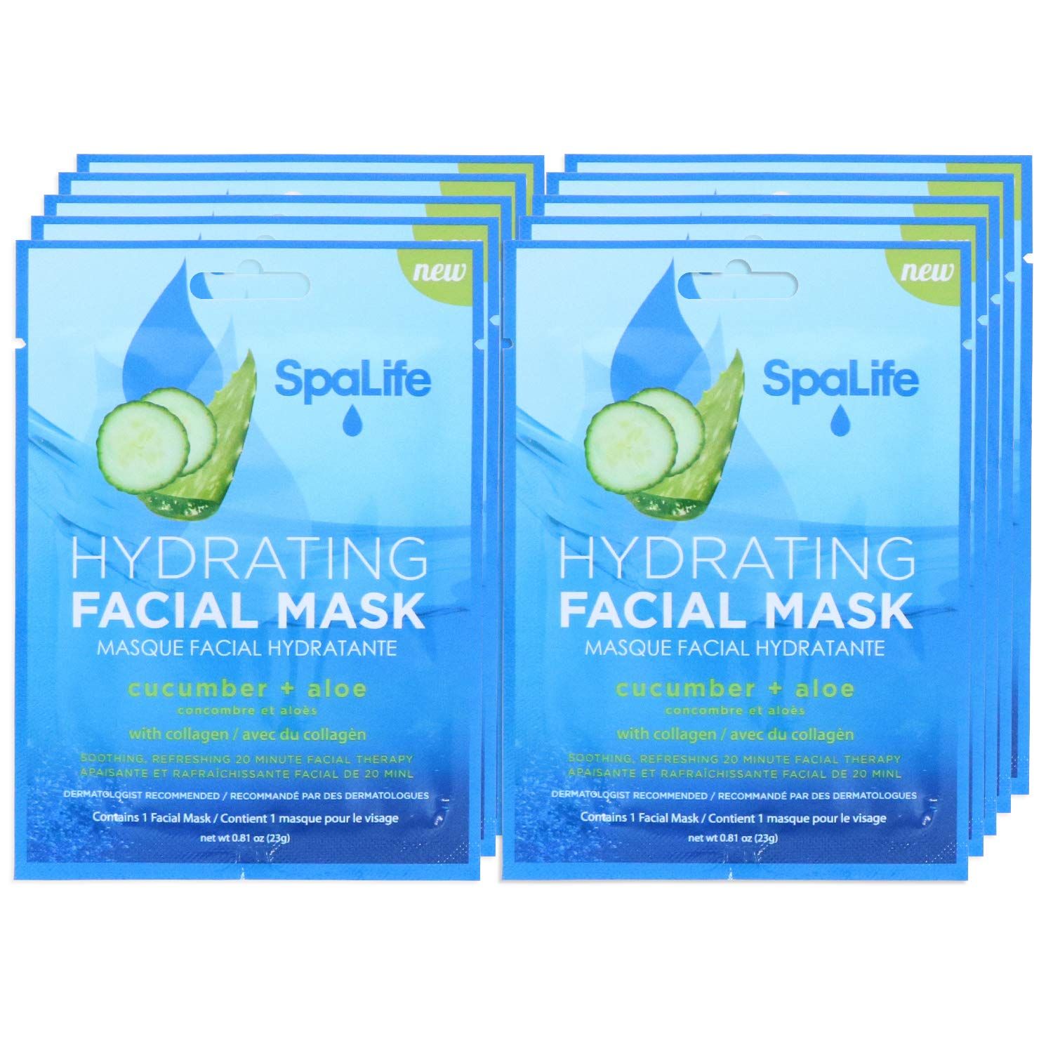 SpaLife Hydrating, Purifying, Anti-Aging, Detoxifying and Soothing Korean Facial Masks - 10 Masks - (Cucumber Aloe)
