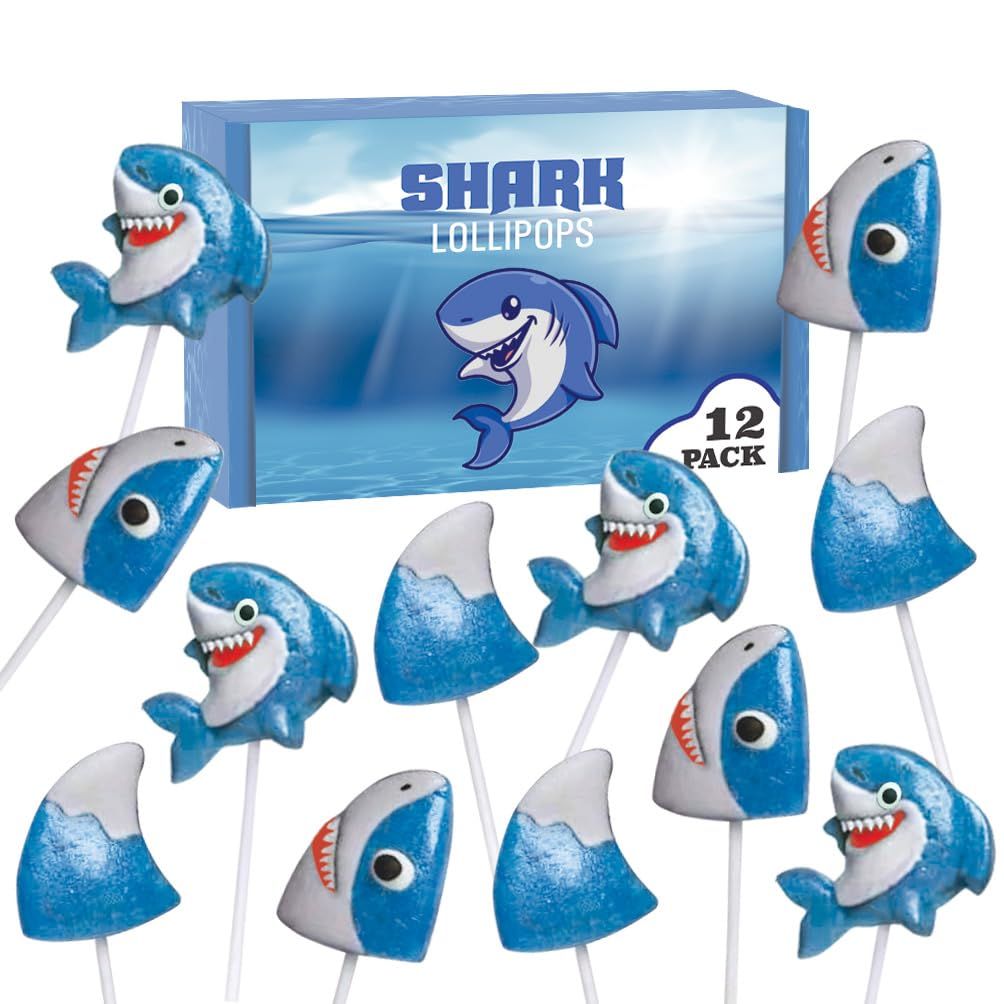 Shark Candy Lollipops - 12 Individually Wrapped Suckers - Great for Baby Shark Theme - Ocean - Under the Sea - Shark Birthday Party Favors - Cute Candy