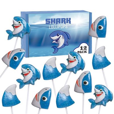 Shark Candy Lollipops - 12 Individually Wrapped Suckers - Great for Baby Shark Theme - Ocean - Under the Sea - Shark Birthday Party Favors - Cute Candy