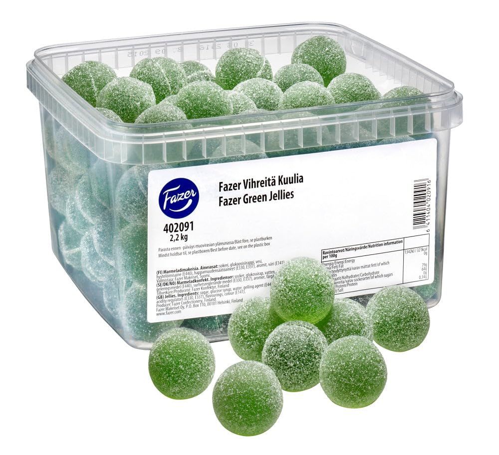 Fazer Vihreit Kuulia - Box 2,2 kg - 4.8lb -Green Jellies - Original - Finnish - Jelly Beans (Pear) - Bulk - Unwrapped - Candy