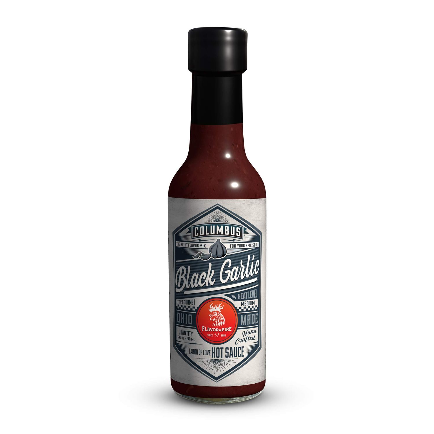 Flavor and Fire Foods, Black Garlic, Columbus Hot Sauce, Pepper Infused, Award Winning, North Market Hot Sauce, Amazing Flavor, Great on Meat, Poultry, Seafood, Tofu, Made in Ohio (5oz, Black Garlic)