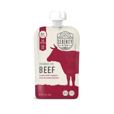 Serenity Kids 6 Months Baby Food Pouch Puree - Grass Fed Beef, Kale &amp; Sweet Potato - Ethically Sourced Meat &amp; Organic Veggies - BPA-Free, 3.5 Ounce, 12 Count
