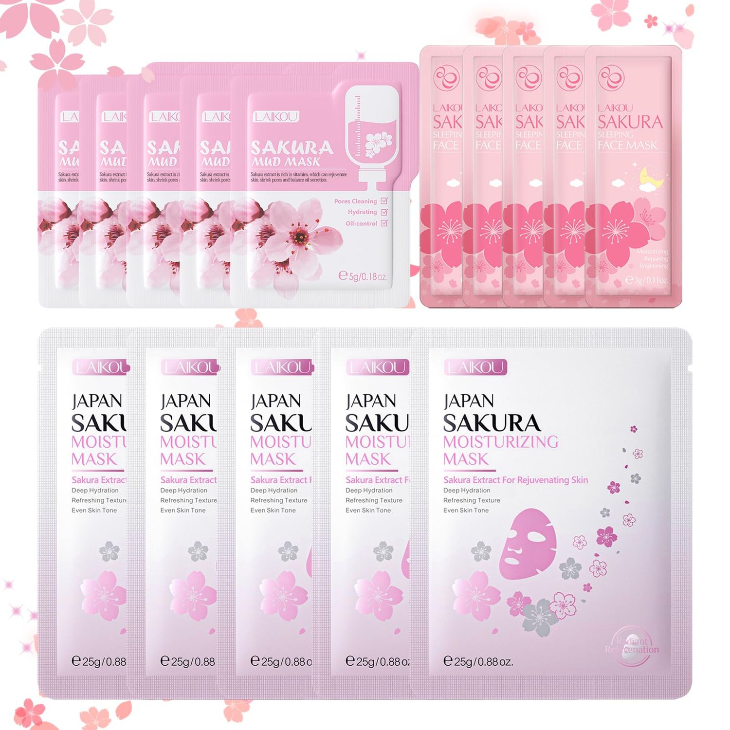 Sakura Face Mask Skin Care - Korean Face Mask Set Clean Pore, Hydrating, Facial Mask Sheet Masks Kit - Clay Mud Mask &amp; Sleeping Mask, Hydrating Face Masks Day &amp; Night Care (15Pack, Sakura 01)