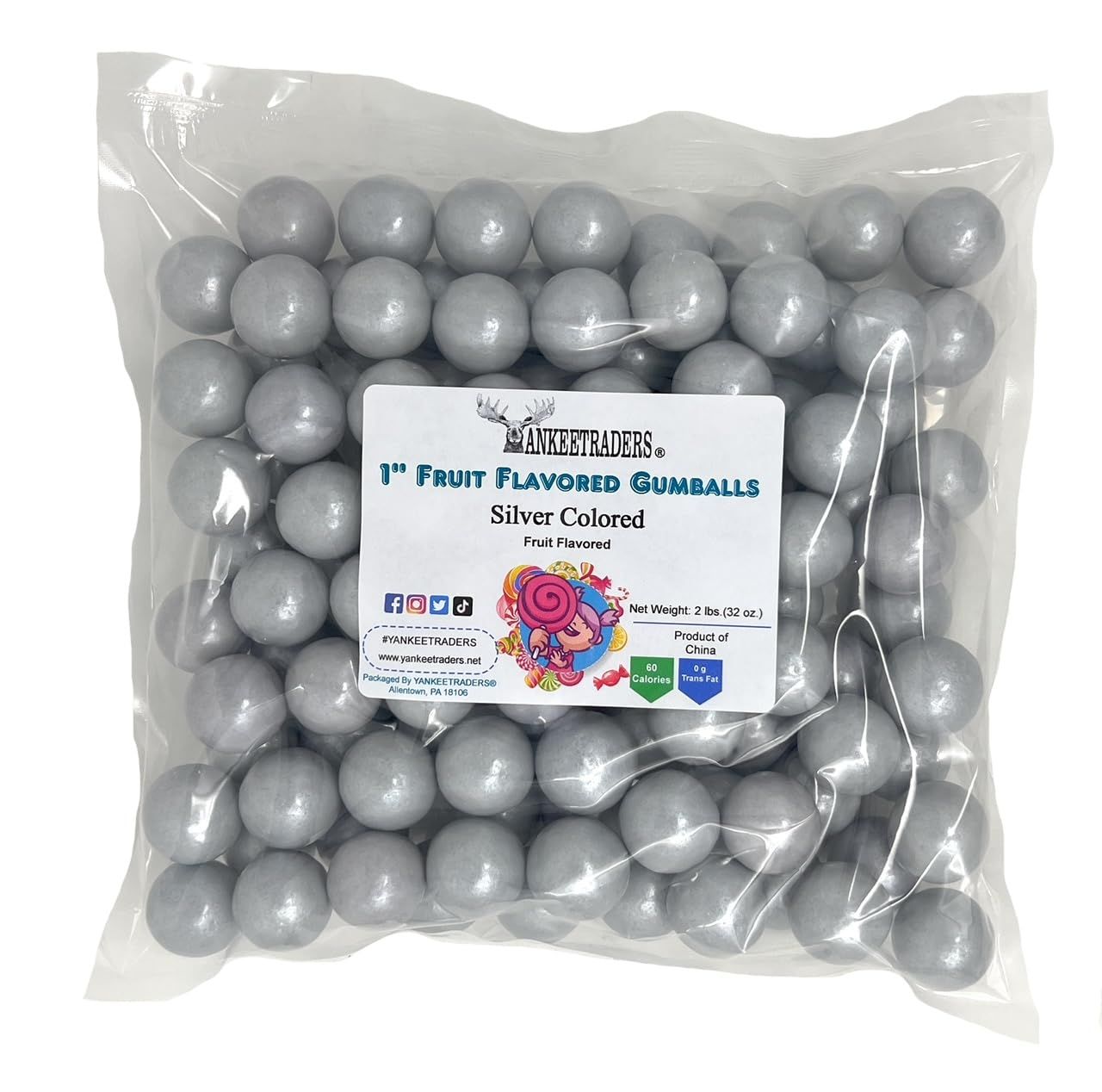 YANKEETRADERS Silver Fruit Flavored Gumballs 1&quot;, 2 Pounds Bulk