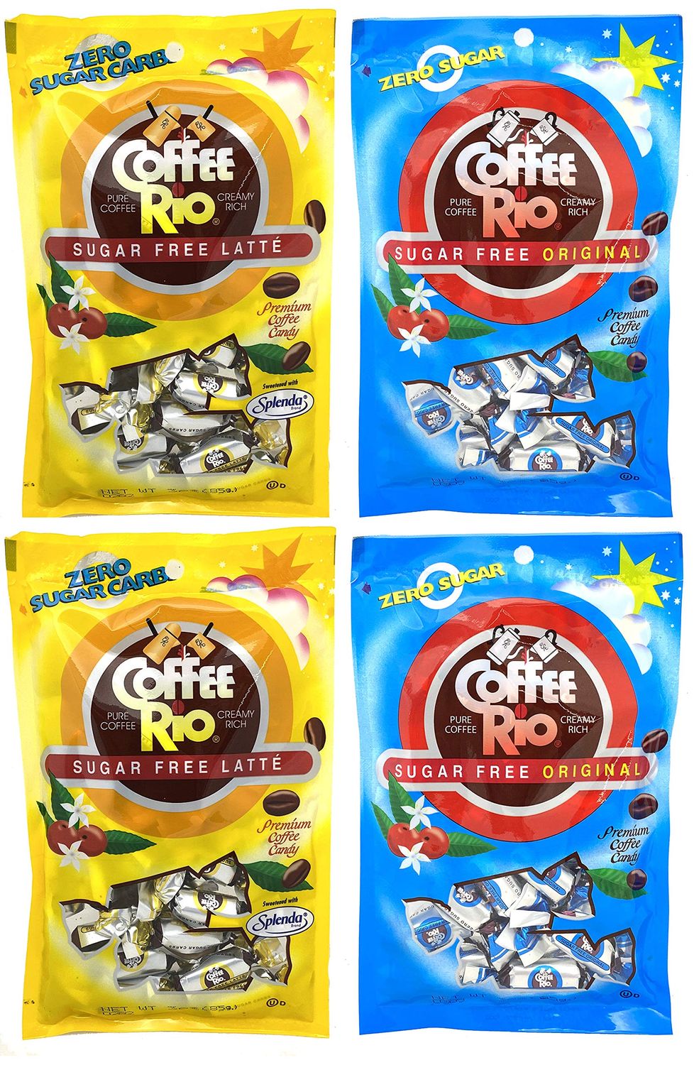 Coffee Rio Coffee Sugar Free Candy Variety Pack of 4 - Original and Caffe Latte, 3 Ounces - Candy Sugar Free, Zero Sugar Carbs, Made in the USA, Kosher Candy