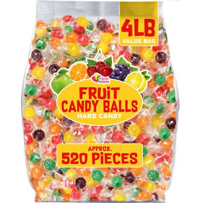 Hard Candy Fruit Balls - 4 Pounds - Fruity Sour Balls - Classic Hard Candies for Office, Desk, Calssroom - Colorful Variety Candy Suckers - Assorted Flavors Orange, Lemon, Grape, Green Apple, Cherry