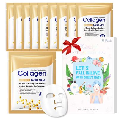 Kaely 10 Pack Collagen Sheet Masks, Hydrating Smoothing Face Masks for Women Men, Facial Mask Skin Care Korean, Moisturize Nourish for All Skin Types, Birthday Christmas Gifts, Set07