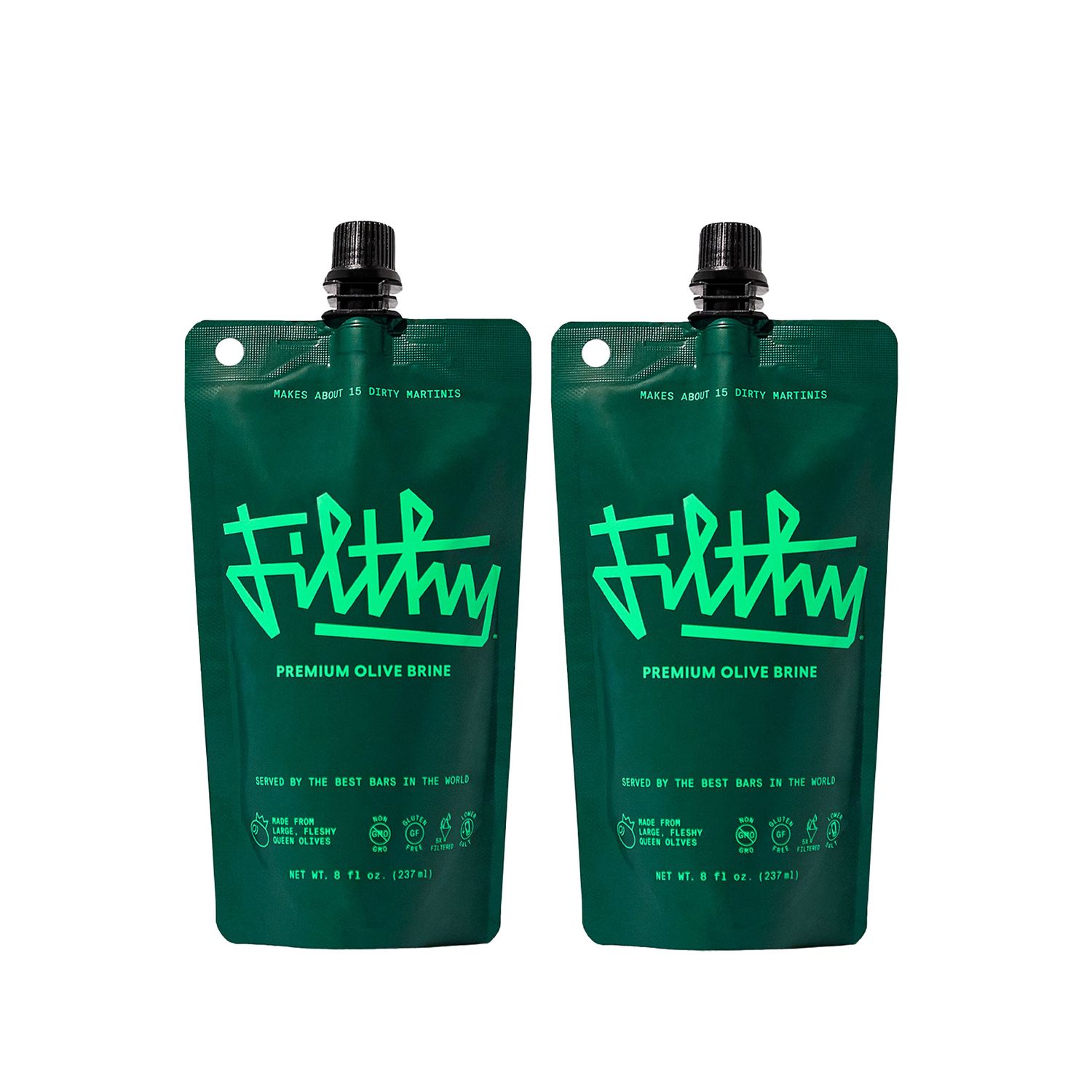 Filthy Olive Brine, Premium Cocktail Mixer, Filtered for Dirty Martinis, Olive Juice for Cocktails Made from Naturally Cured Olives, Non-Alcoholic, Non-GMO, Gluten Free, 8 Oz Pouch, 2 Pack