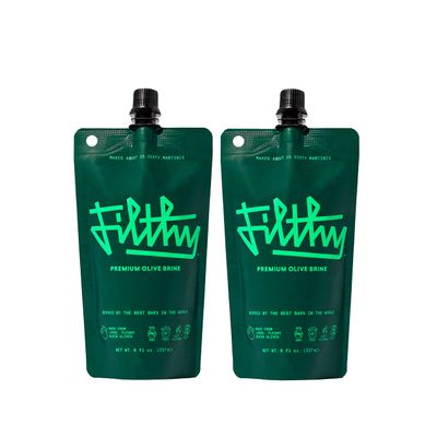 Filthy Olive Brine, Premium Cocktail Mixer, Filtered for Dirty Martinis, Olive Juice for Cocktails Made from Naturally Cured Olives, Non-Alcoholic, Non-GMO, Gluten Free, 8 Oz Pouch, 2 Pack
