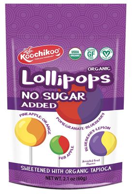 Koochikoo Organic &amp; Sugar Free Lollipops Pouch, Assorted Fruit Flavors, No Sugar Added, Gluten Free &amp; Vegan 2.1 Ounce (Pack of 10)