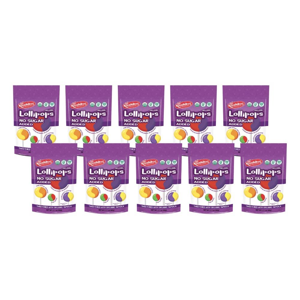 Koochikoo Organic &amp; Sugar Free Lollipops Pouch, Assorted Fruit Flavors, No Sugar Added, Gluten Free &amp; Vegan 2.1 Ounce (Pack of 10)