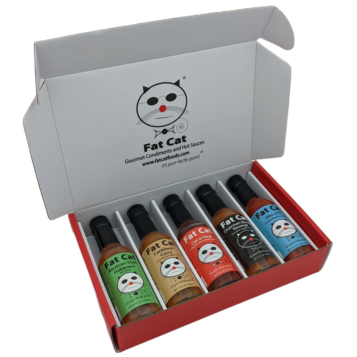 Heat Lovers Natural Hot Sauce Variety Pack by Fat Cat Gourmet Habanero Scotch Bonnet Ghost Scorpion Carolina Reaper Sampler Gift Set Gluten Free Vegan Keto Friendly (5 Bottles)
