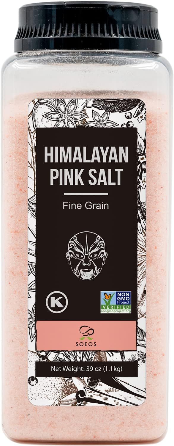 Soeos Himalayan Pink Salt, Fine Grain, 38.8oz (2.4 LB), Non-GMO, Pink Salt, Kosher Salt, Himalayan Rock Salt