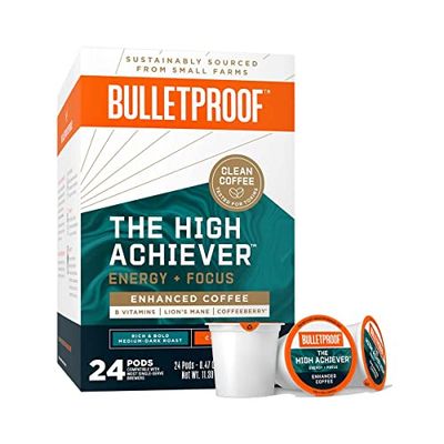 Bulletproof The High Achiever Single-Serve Pods, 24 Count, Medium-Dark Roast Enhanced Coffee with Lion&#39;s Mane Mushroom, B Vitamins, and Adaptogens for Energy and Focus