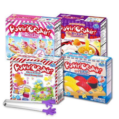 umaya Kracie Popin Cookin DIY Candy Making Kit for Kids - Tanoshii Sushi, Gummy Land, Ramen, Cake &amp; Kids Mini Tongs (4 Pack Variety Bundle)
