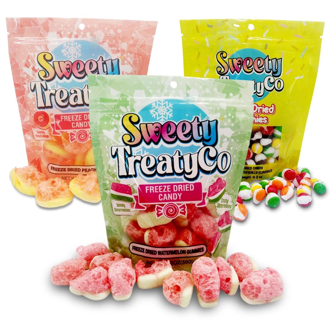 SweetyTreatyCo. 3-Pack Freeze Dried Candy - No Added Sugar Watermelon, Peach Rings &amp; Crunchies Gummy - Irresistible Taste - Unique Crunch Tiktok Candy - Perfect Candy Gummy Gift (8.2 oz Pack)