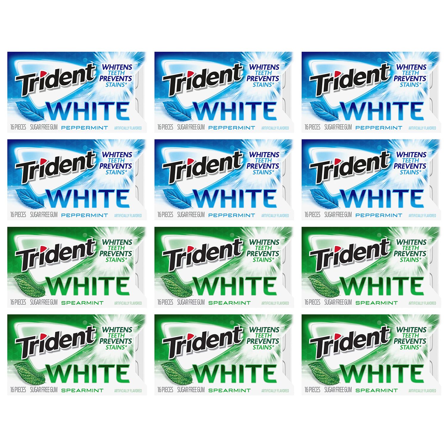 Trident White Sugar Free Gum Variety Pack, Peppermint &amp; Spearmint Flavors, 12 Packs of 16 Pieces (192 Total Pieces)