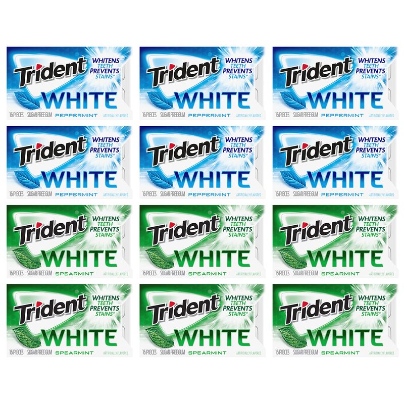 Trident White Sugar Free Gum Variety Pack, Peppermint &amp; Spearmint Flavors, 12 Packs of 16 Pieces (192 Total Pieces)