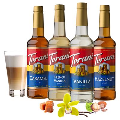 Torani Variety Pack Caramel, French Vanilla, Vanilla &amp; Hazelnut, 25.4 Ounces (Pack of 4)
