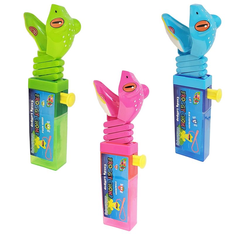 The Dreidel Company Chomp Sour Candy Lollipops, Three Flavors Green Apple, Blue Raspberry, Strawberry, Kosher Certified Parve, Net Wt. 0.60oz Per Pop (Froggy Chomp, 3-Pack)