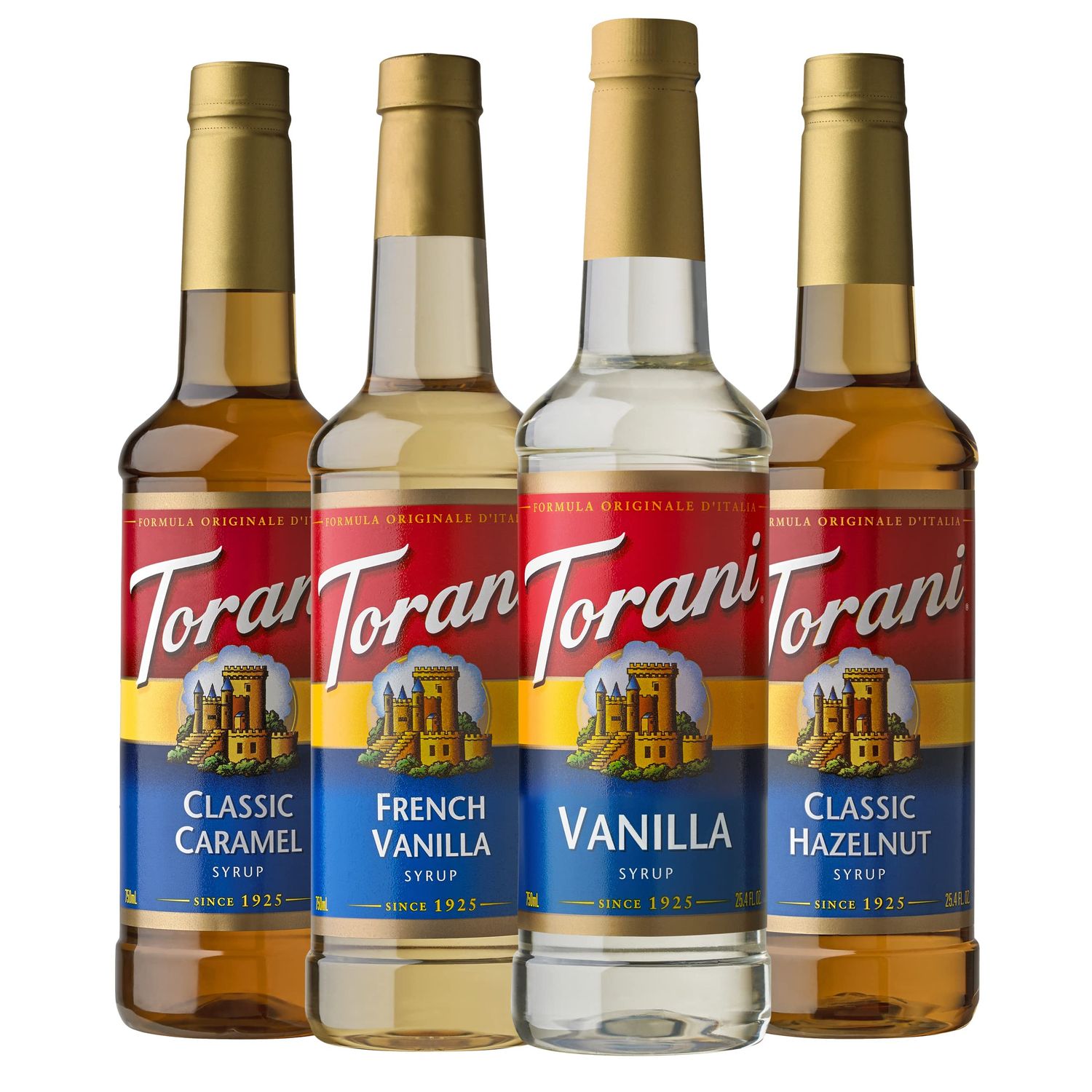 Torani Variety Pack Caramel, French Vanilla, Vanilla &amp; Hazelnut, 25.4 Ounces (Pack of 4)