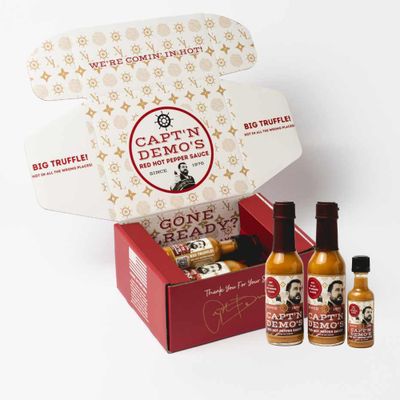 CAPTAIN DEMO&#39;s DOUBLE TRUFFLE Red Hot Pepper Sauce - Two Bottle Pack with BONUS Travel Bottle, Gourmet Hot Sauce With Black AND White Truffles, Perfect Level of Garlic-ky, Hot Honey Heat