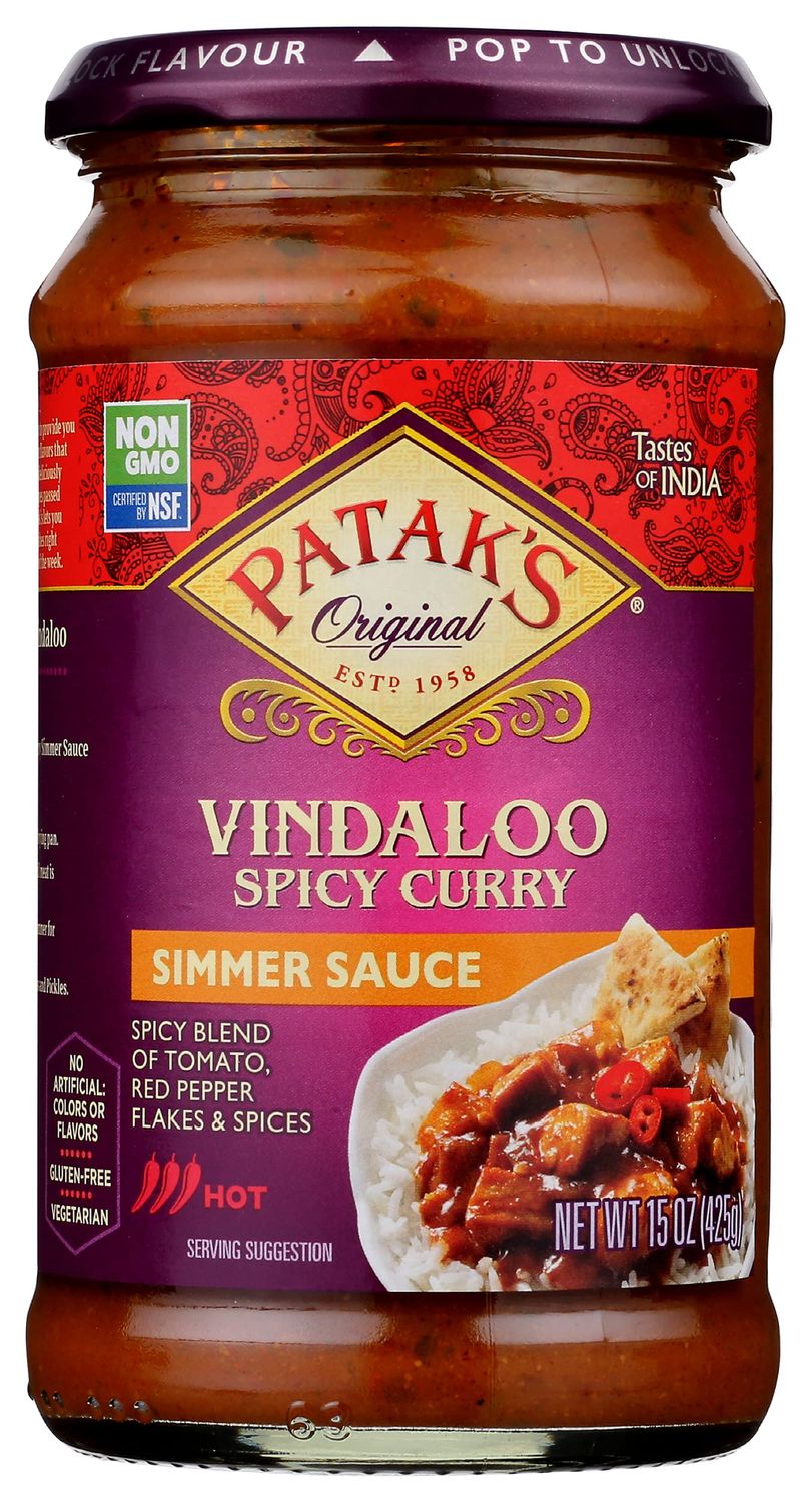 Patak&#39;s Spicy Vindaloo Simmer Sauce - 15 Oz (Pack of 3) - With Tomato, Chile, and Spices, No Artificial Flavors, Colors, or Preservatives, Gluten Free, Vegetarian Friendly