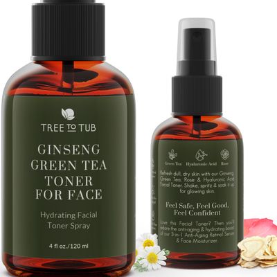 Tree To Tub Hydrating Facial Toner Spray for Dry &amp; Sensitive Skin - Alcohol Free Witch Hazel &amp; Rose Water Face Toner for Women &amp; Men w/Hyaluronic Acid, Vitamin C, Organic Green Tea, Natural Ginseng