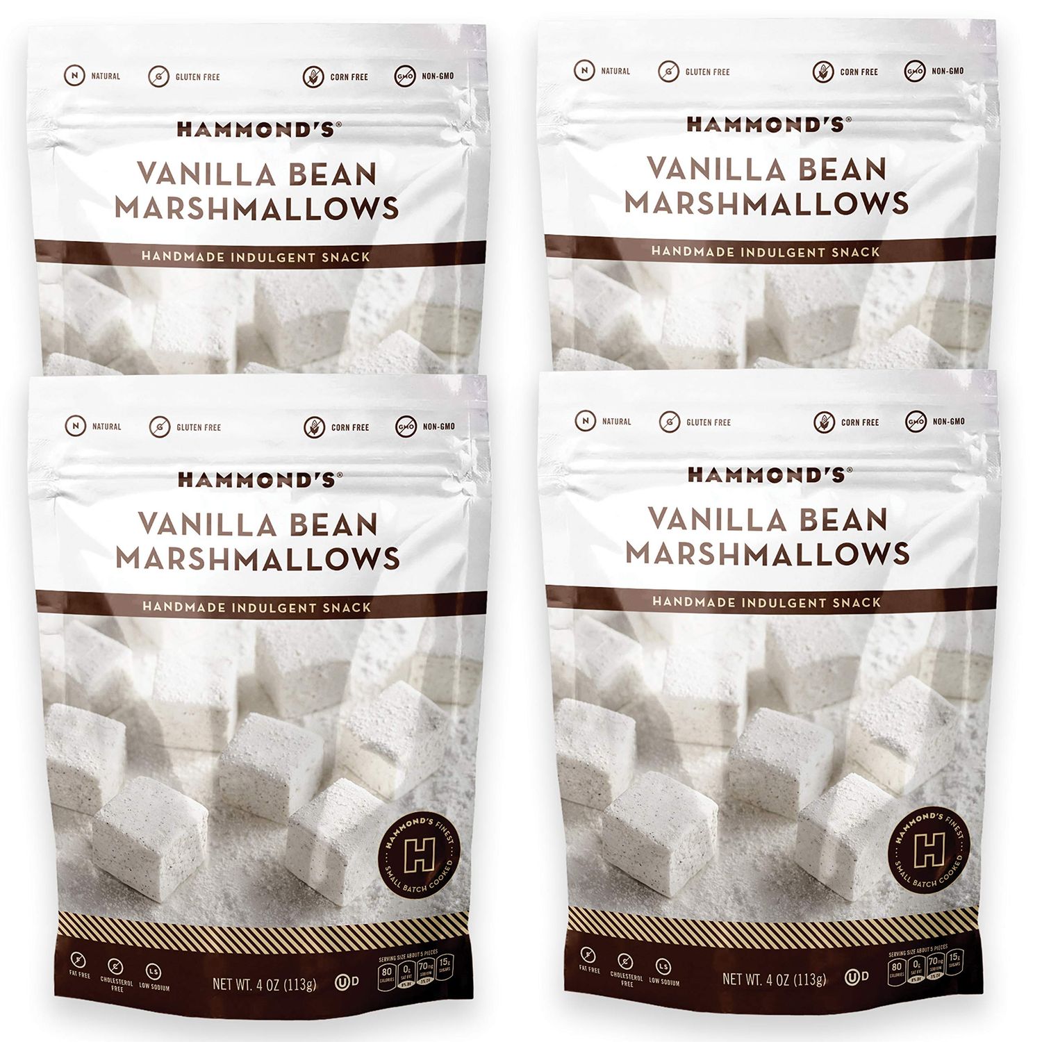 Hammonds Candies Gourmet Marshmallows - Vanilla Bean Great for Snacking, Hot Chocolate, Smores, Baking Gluten-Free, Kosher, Handcrafted in the USA 4 Pack