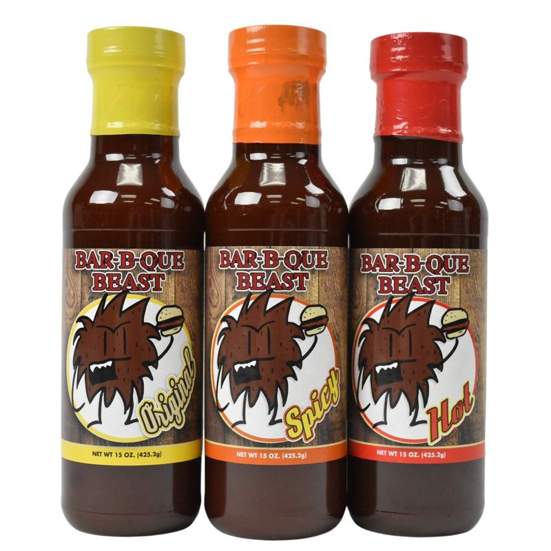 Bar-B-Que Beast BBQ Sauce, 3 Variety Pack, Flavors - Original, Spicy, Hot - 15oz ea - Award Winning Barbecue Sauce