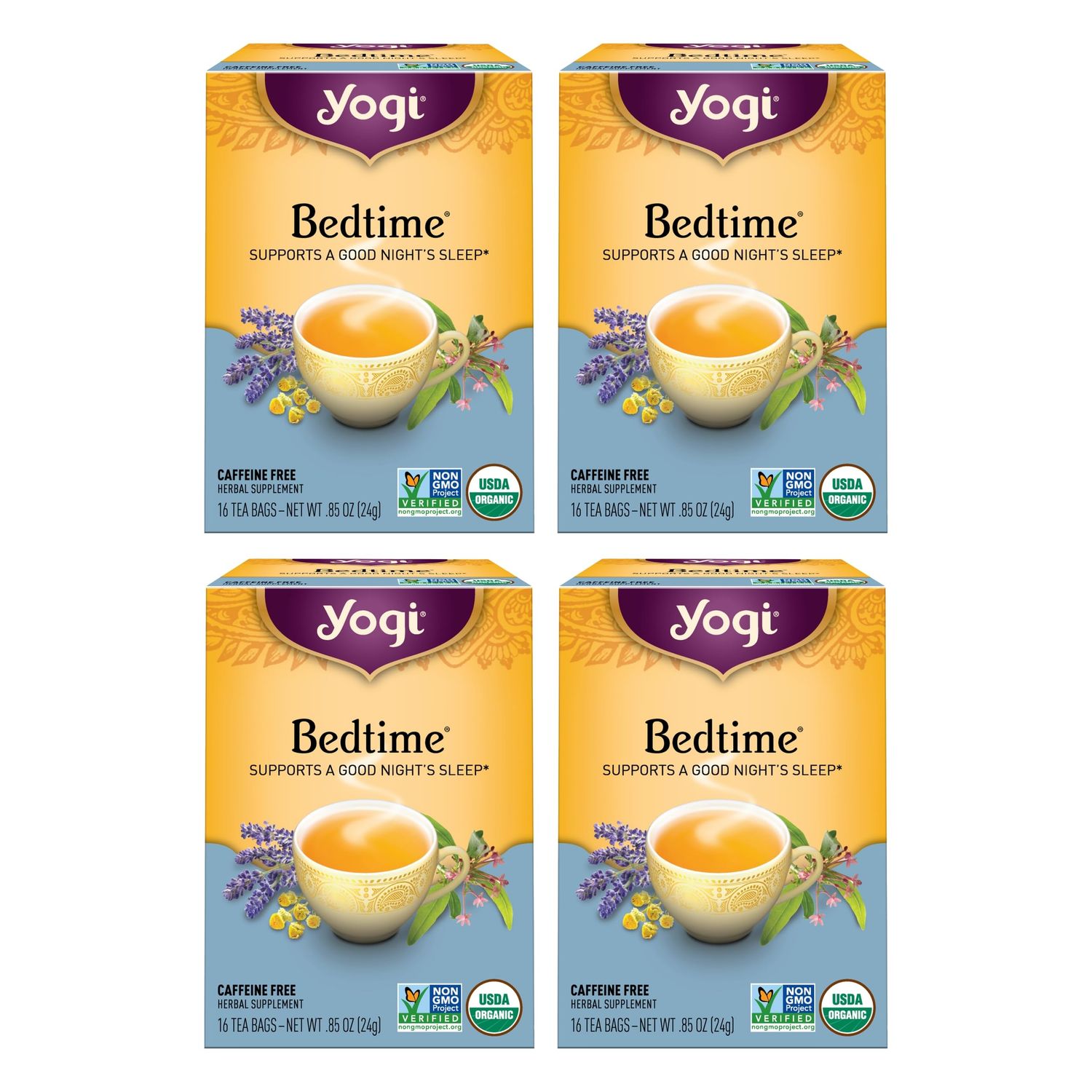 Yogi Tea Bedtime Tea - 16 Tea Bags per Pack (4 Packs) - Chamomile &amp; Passionflower Herbal Tea Blend - Tea to Support a Good Night&#39;s Sleep - Includes Lavender, Licorice Root, Spearmint &amp; Cardamom