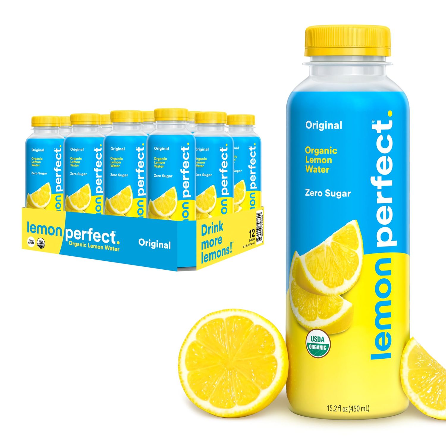 Lemon Perfect Original, Hydrating Flavored Lemon Water, Zero Sugar, Healthy Hydration Drinks, Organic, 15.2oz Bottles (12-Pack)