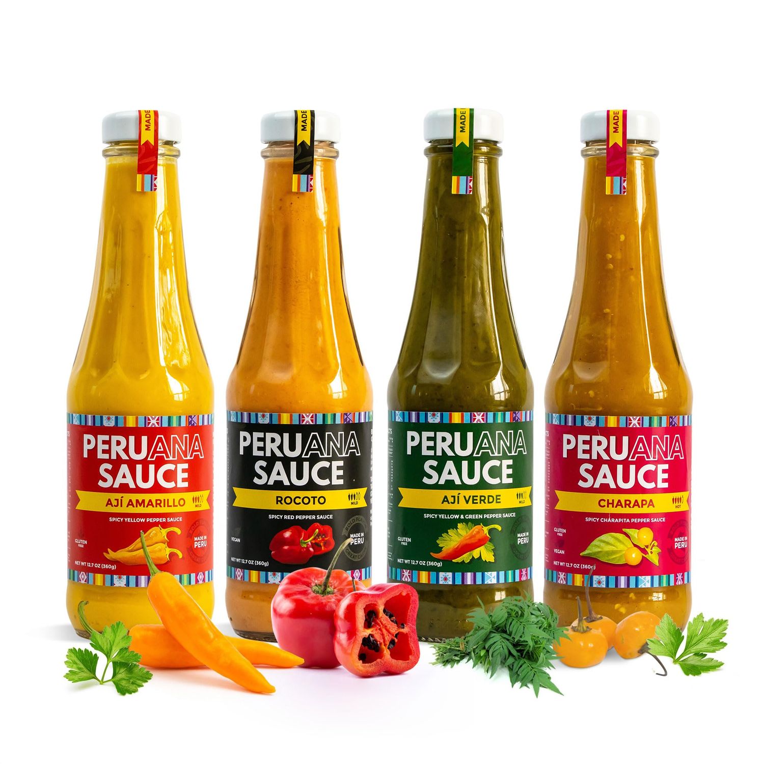 Peruana Sauce Sampler Variety Pack - Aji Amarillo Paste Peruvian Sauce, Rocoto, Verde Green Sauce, and Charapita - 12.7oz Bottles - Peruvian Products Rocoto Peruano - Hot Sauce Variety Pack Gift Sets