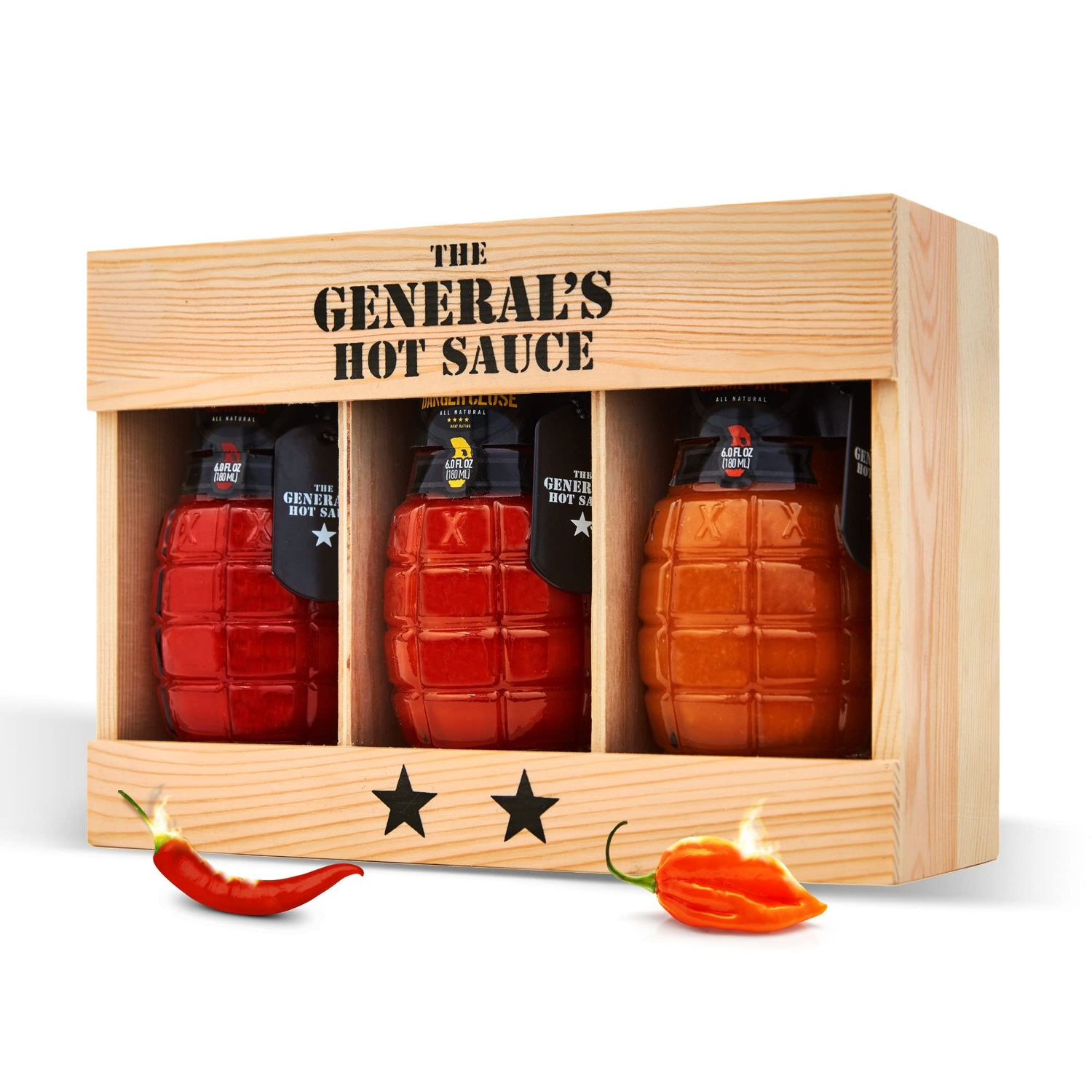 The Generals Hot Sauce 2-Star Gift Box - American Grown, Veteran Owned 3 pack 6 fl. Oz. bottles All natural, gourmet hot sauce gift set in glass grenade bottles with metal dog tag and gift box.