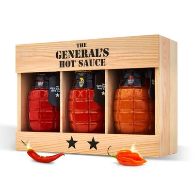 The Generals Hot Sauce 2-Star Gift Box - American Grown, Veteran Owned 3 pack 6 fl. Oz. bottles All natural, gourmet hot sauce gift set in glass grenade bottles with metal dog tag and gift box.
