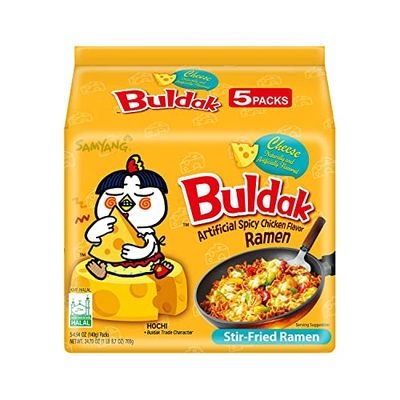 Samyang Buldak Spicy Ramen, Hot Chicken Ramen, Korean Stir-Fried Instant Noodle, Cheese, 1 Bag with 5 Pack