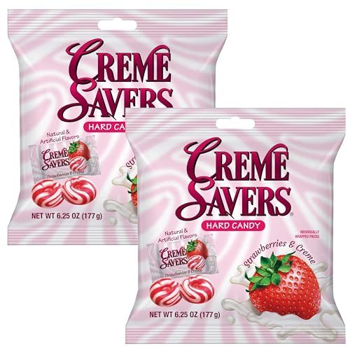 Cream Savers Strawberries &amp; Cream, 6.25 Ounce Bag (Pack of 2), Individually Wrapped Hard Candy, Strawberry Candy, The Hampton Candy Company