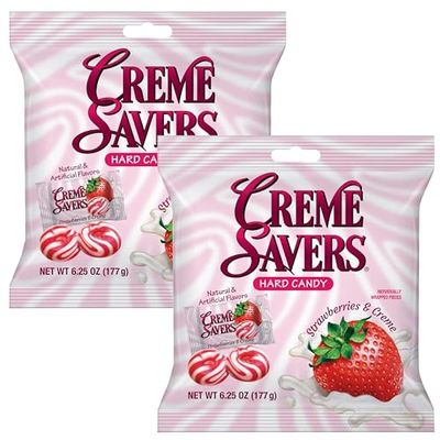 Cream Savers Strawberries &amp; Cream, 6.25 Ounce Bag (Pack of 2), Individually Wrapped Hard Candy, Strawberry Candy, The Hampton Candy Company