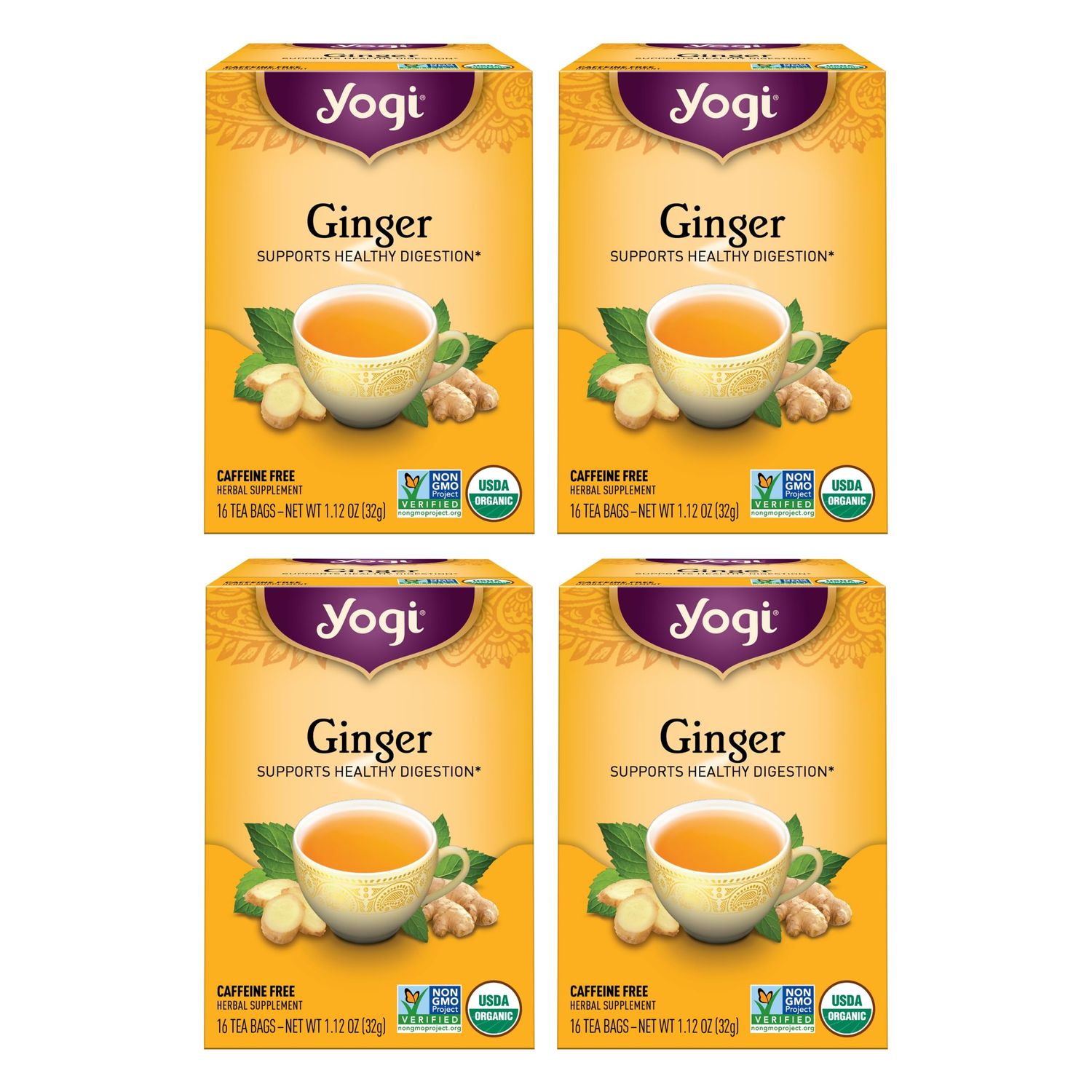 Yogi Tea Ginger - 16 Bags per Pack (4 Packs) - Organic Digestive Support Tea - Includes Ginger Root, Lemongrass, Licorice Root, Peppermint Leaf &amp; Black Pepper
