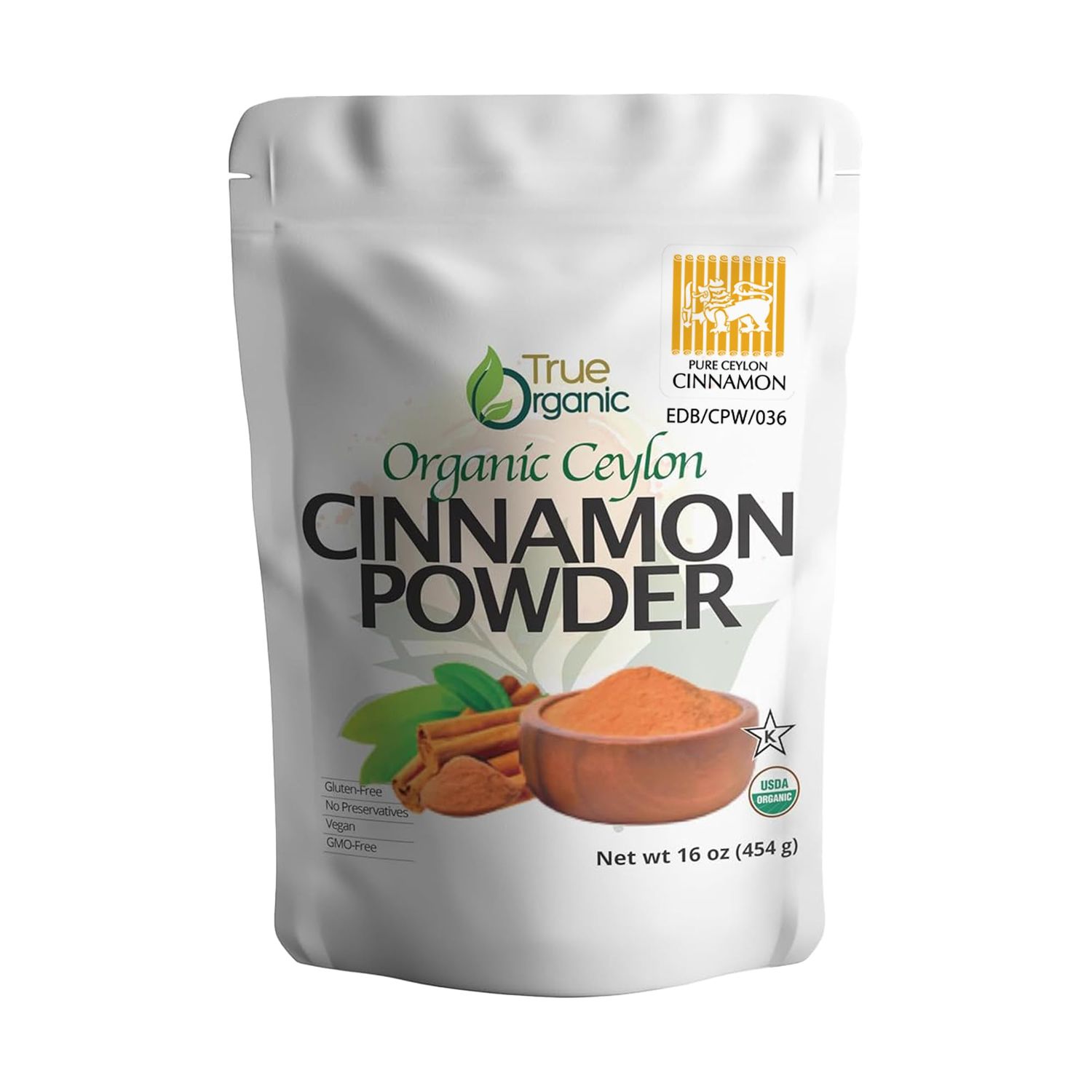 True Organic Pure Ceylon Cinnamon Powder, 1 lb, Premium Grade, Gluten Free, USDA &amp; Kosher Certified, Organic Ground Cinnamon powder, Non-GMO, Ceylon Premium Quality